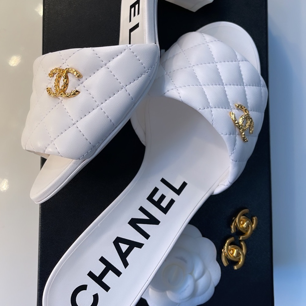Vintage Chanel turn-lock earrings & New Season White Chanel Lambskin sandals